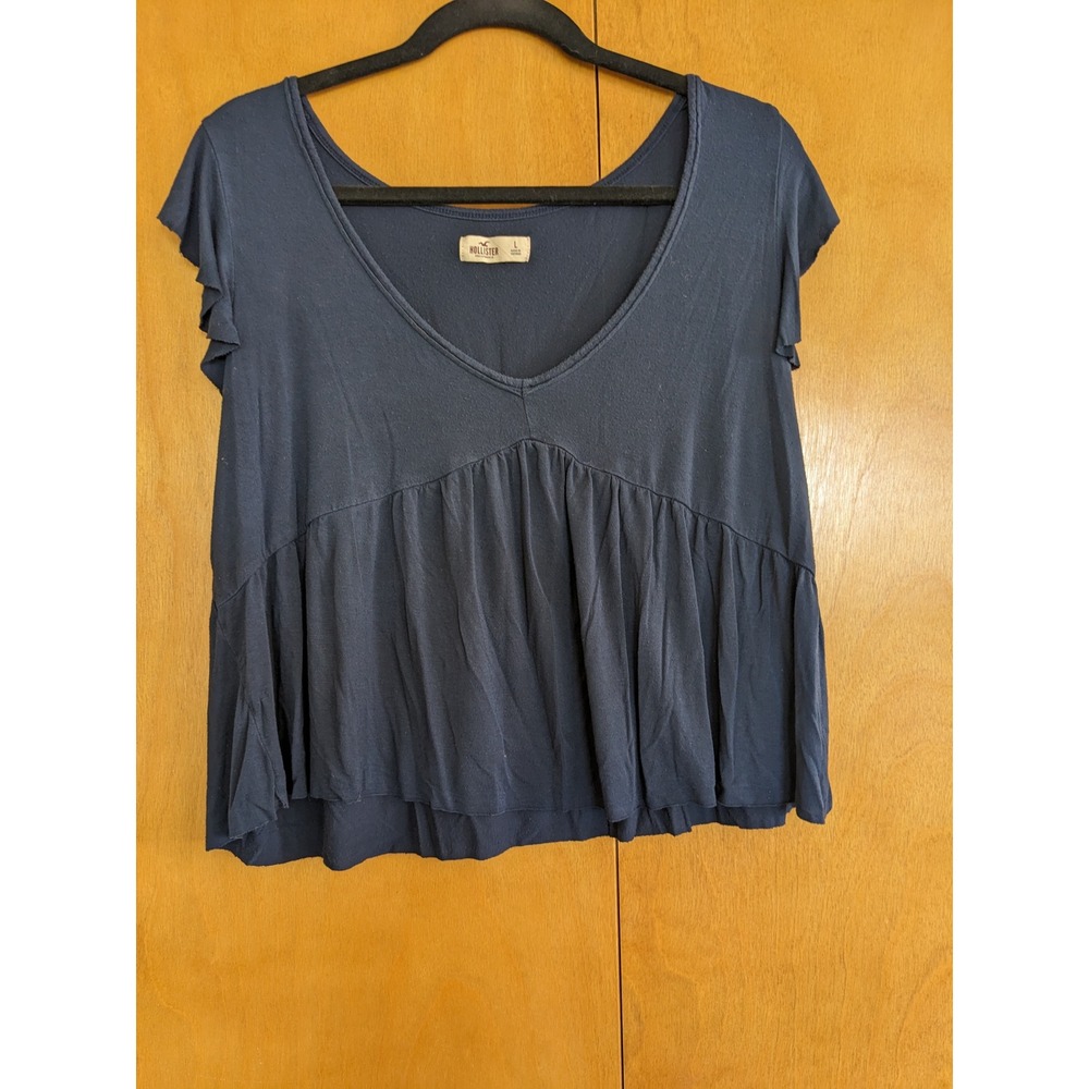 Hollister Navy Blue V-Neck Babydoll Top Ruffle Sleeve Peplum Blouse Large